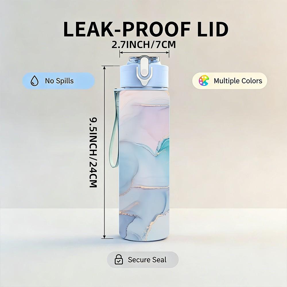 1PC Lilac Blue Ink Marble Pattern 750ml Color Plastic Sports Water Bottle Leakproof Flip Straw Lid Suitable for Sports Office Home Use