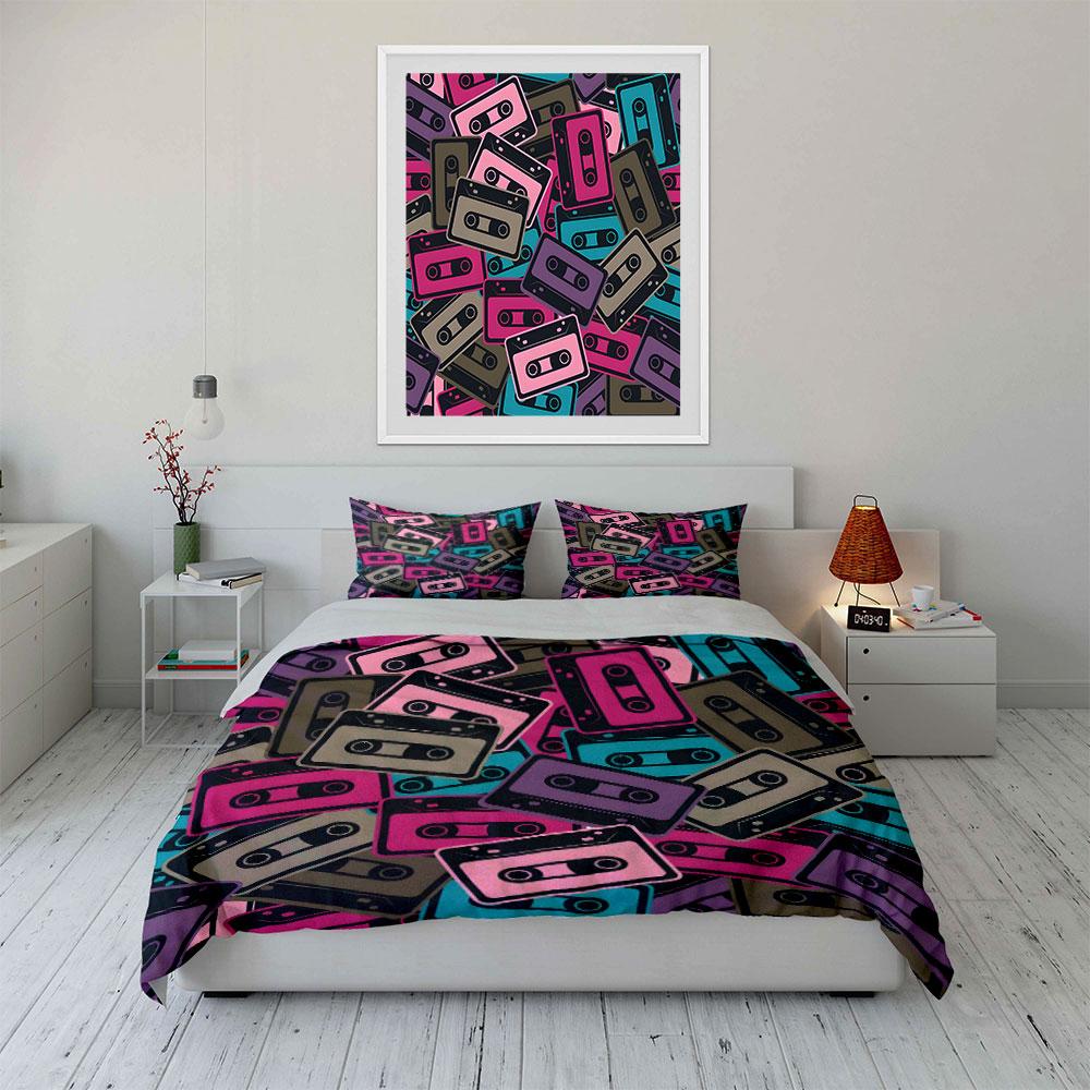 Colorful Retro Cassette Pattern Bedding Duvet Cover Set  (1*Duvet Cover 2*Pillowcases, Without Duvet Insert)