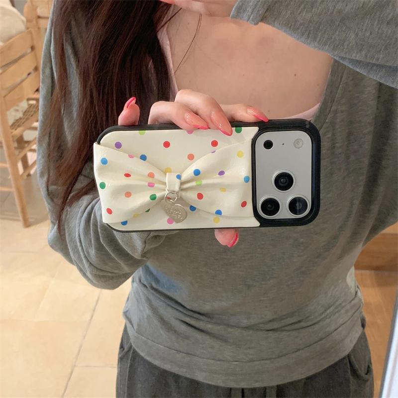 Cute Rainbow Polka Dot Bow Phone Case For iPhone 17 Pro 16 15 14 Pro Max with Heart Pendant Leather Shockproof 16 17 15pro Cover
