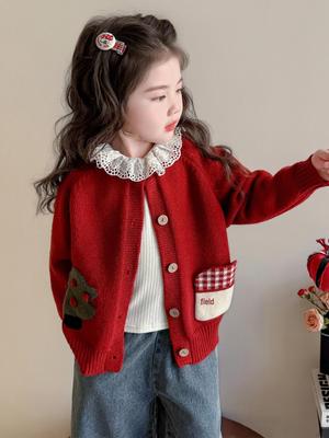 2025 Girls' Fashionable Cartoon Cardigan Sweater, Korean Style, Lace Trim for Spring and Autumn.
