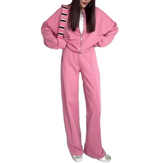 

Жіночий комплект з 2 предметів Осінній Повсякденний Спортивний костюм на блискавці З довгим рукавом Худі та Широкі штани-джоггери Набір для дому L рожевий