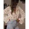 Women's V Neck Long Sleeve Blouse A-Line Fit Casual Floral Lace Shirt Semi Sheer Flare Cuff Button Front Top For Spring Daily Commuter Outfit