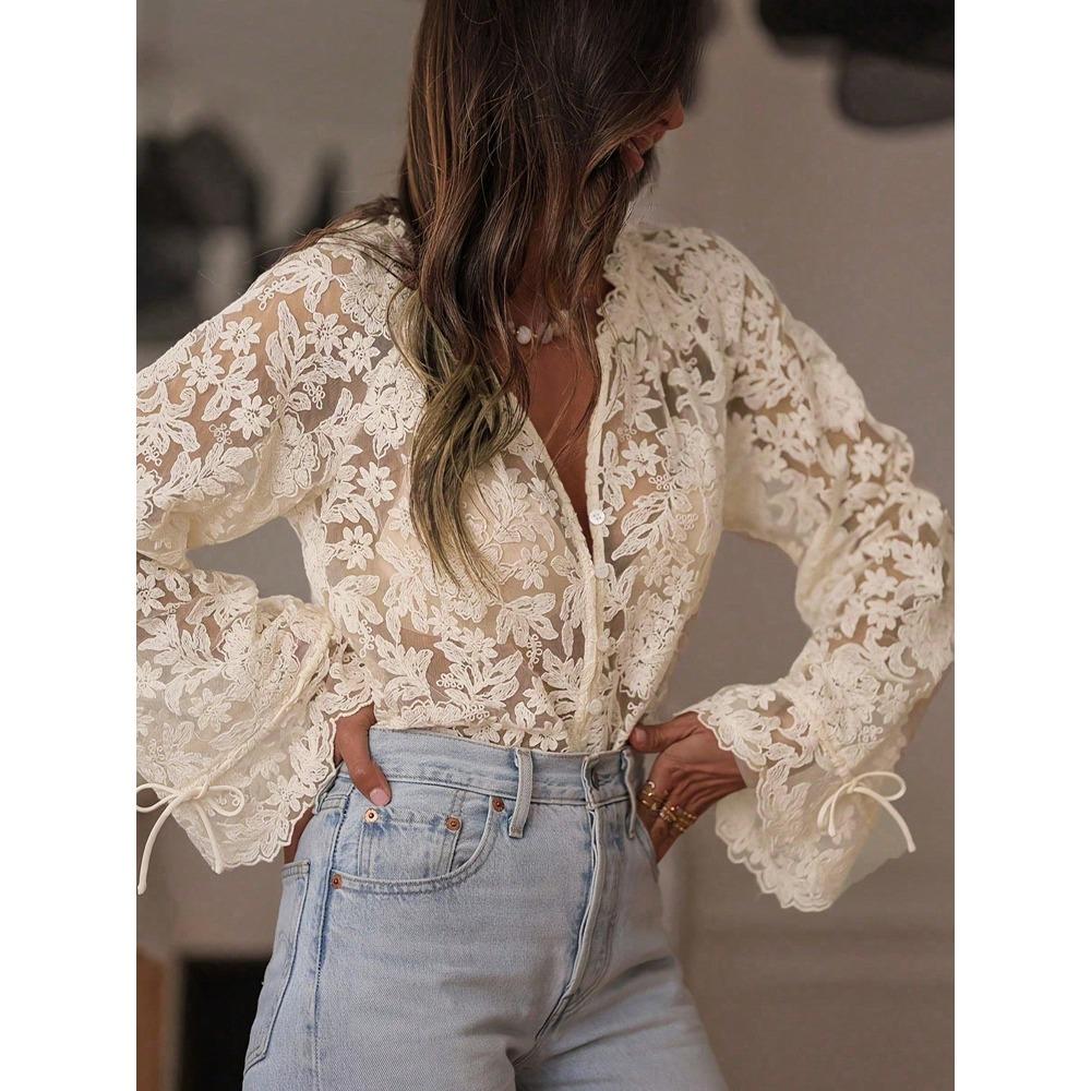 Women's V Neck Long Sleeve Blouse A-Line Fit Casual Floral Lace Shirt Semi Sheer Flare Cuff Button Front Top For Spring Daily Commuter Outfit