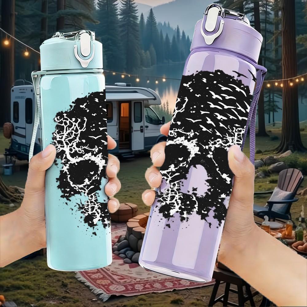 1PC Detailed Monochrome Skull Art Print 750ml Color Plastic Sports Water Bottle Leakproof Flip Straw Lid Suitable for Sports Office Home Use