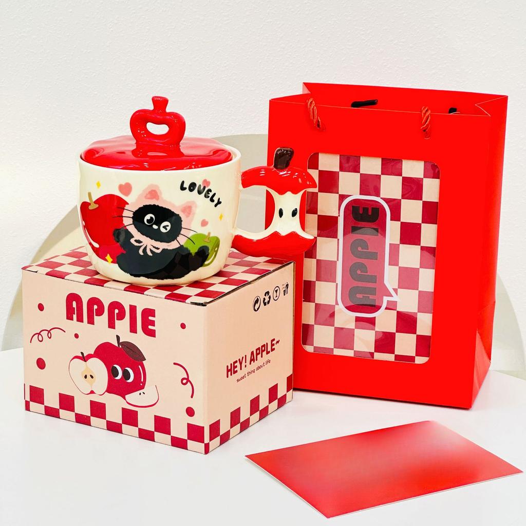 Apfel Katze mit Niedlichem Deckel Tasse Hochwertige Keramiktasse Hochtemperaturbeständigkeit Souvenirgeschenk Geburtstagsgeschenk Cartoon