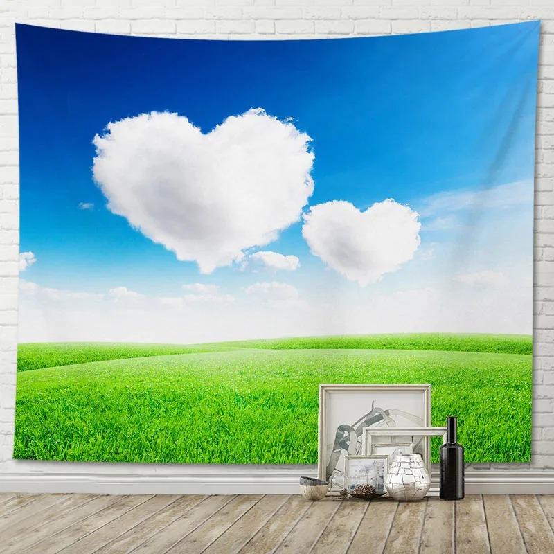 Dekorativer Wandteppich mit blauem Himmel und Grasland, für Büro, Wohnzimmer, Dekoration, Zuhause, Wandteppich
