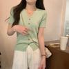 Women's White V-Neck Ribbed Knit Top Short Sleeve Button Down Asymmetric Hem Casual Tee