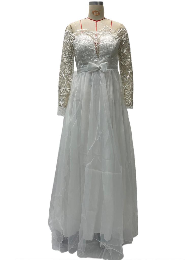 New  One-Shoulder V-Neck Slim Fit Wedding Dress with Puff Train and Lace Trim