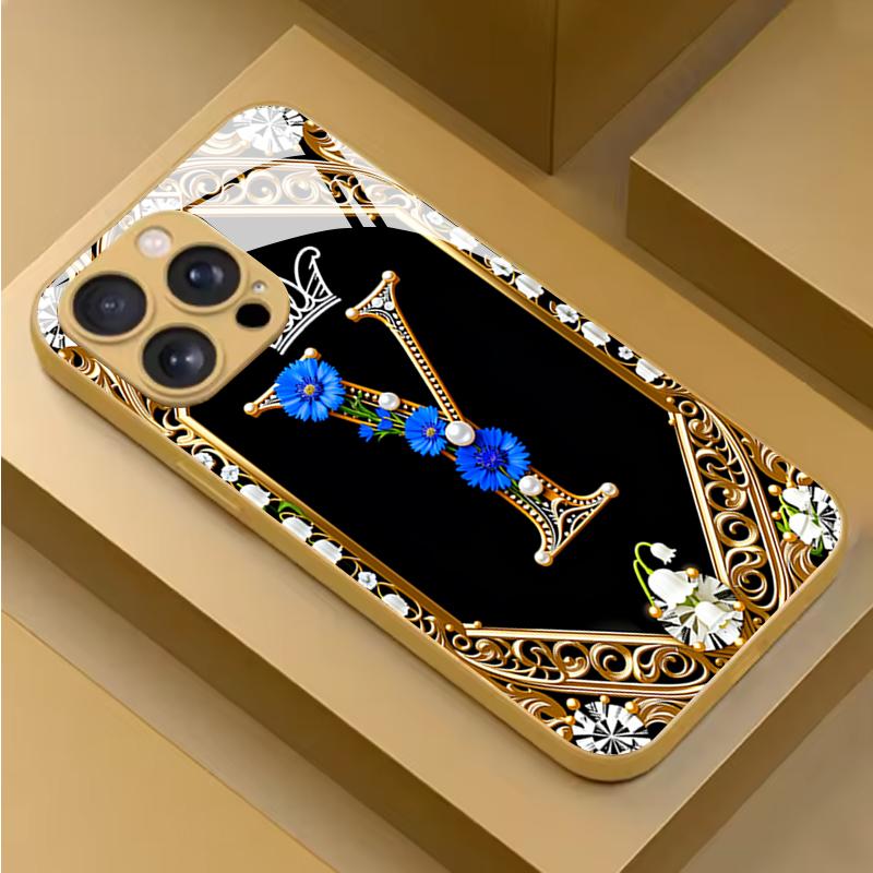 Black Gold Y Letter Tempered Glass Phone Case For iPhone 17 Pro Max 16 15 14 Plus 13 12 11 Pro Max 16E 17 Air Lens Protect Cover