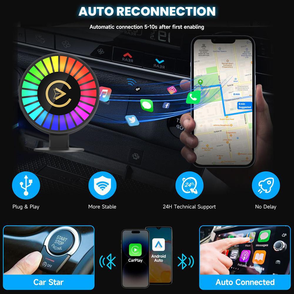 3-in-1 Wireless Carplay Android Auto Adapter Plug and Play Car Aromatherapy withCar Smart APP Control RGB Music Lamp  Rechargeable for Car Air Outlet