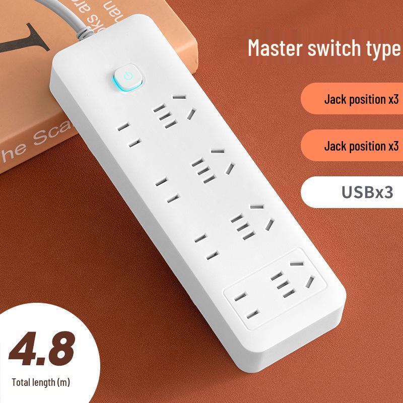 Multi-Function Household Power Strip with Cord, featuring a Multi-Hole Socket Panel for Dorms