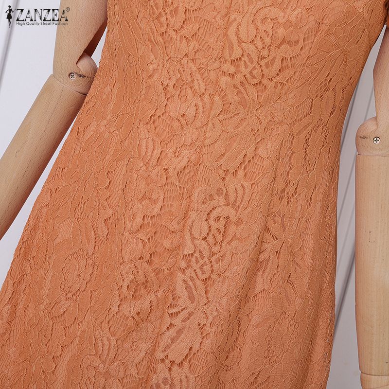 ZANZEA Women Casual V-Neck Short Sleeve Hollow Lace Patchwork Elegant Dress