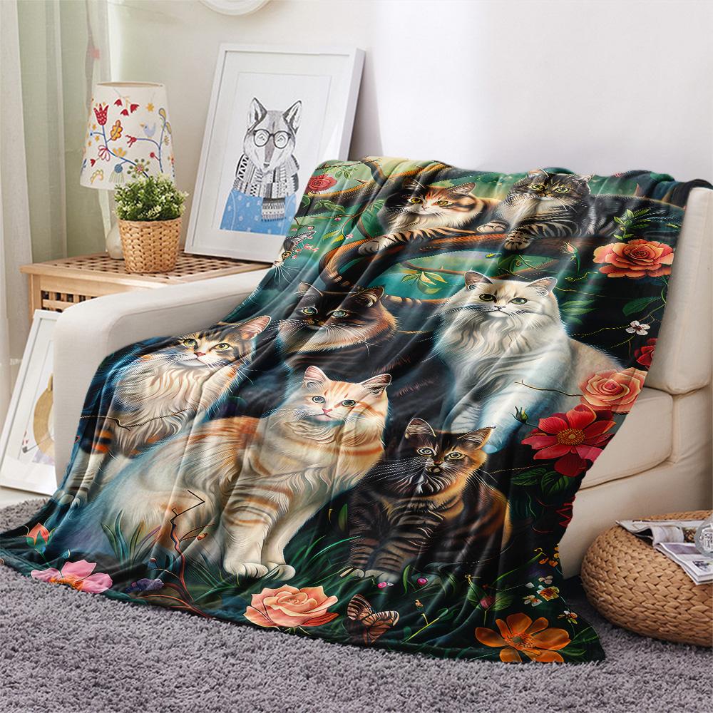 Kitty Print Flannel Blanket, High Quality Comfortable for All Seasons, Home Decor, Warmth and Comfort, Perfect for Christmas Gifts