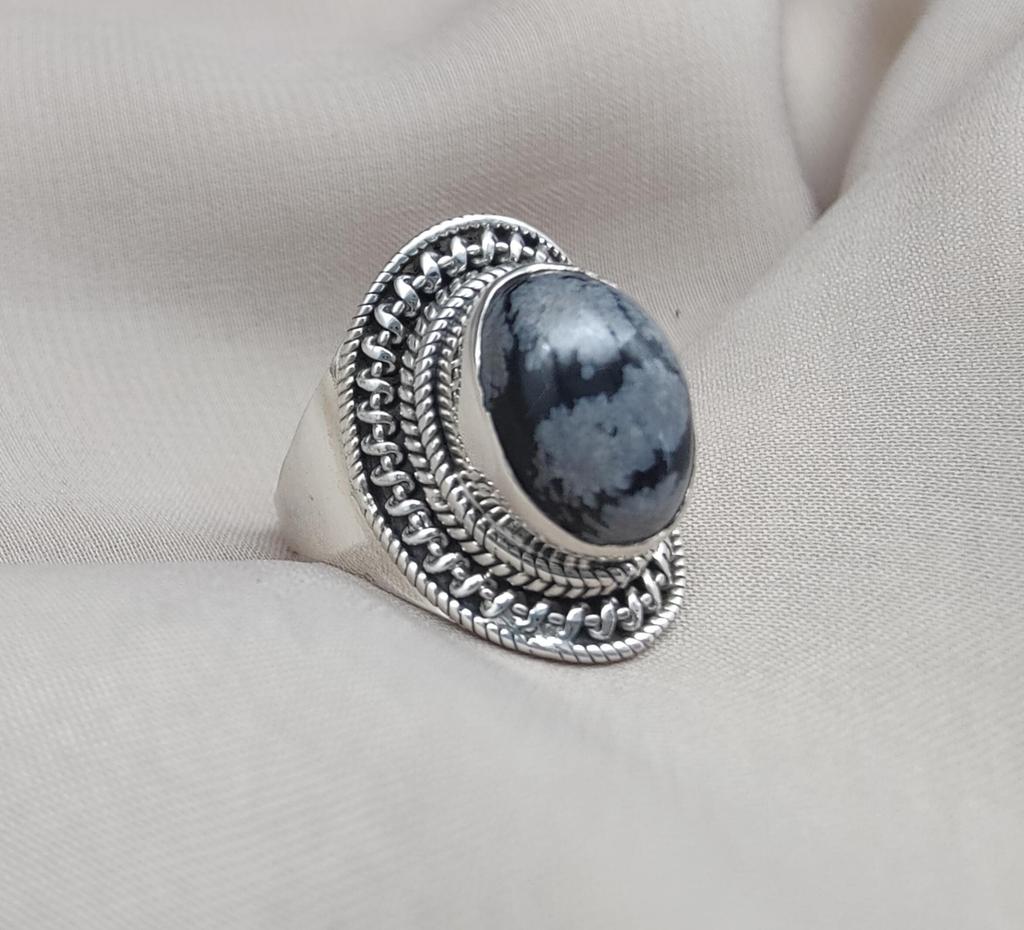 Snowflake Obsidian 925 Sterling Silver Ring: Handmade Boho Statement Jewelry