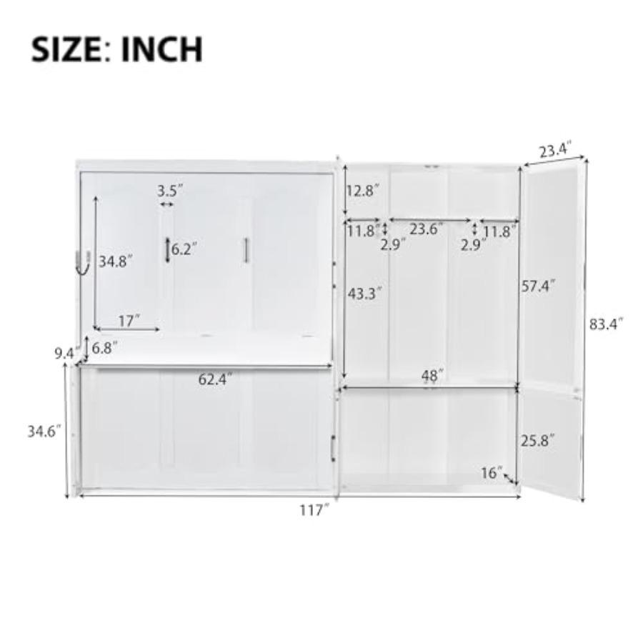 Łóżko Murphy Rozmiar Queen Size Łóżko Ścienne z Wbudowaną Szafą i Systemem Podnoszenia Hydraulicznego, Drewniana Platforma Łóżka Chowana w Szafce