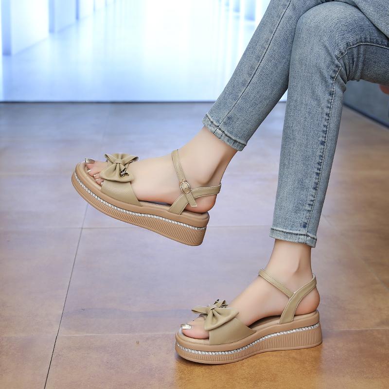 CRLAYDK Womens Wedge Sandals Bow Summer Beach Comfort Ladies Walking Ankle Strap Dressy Casual Slippers Beach Travel Shoes