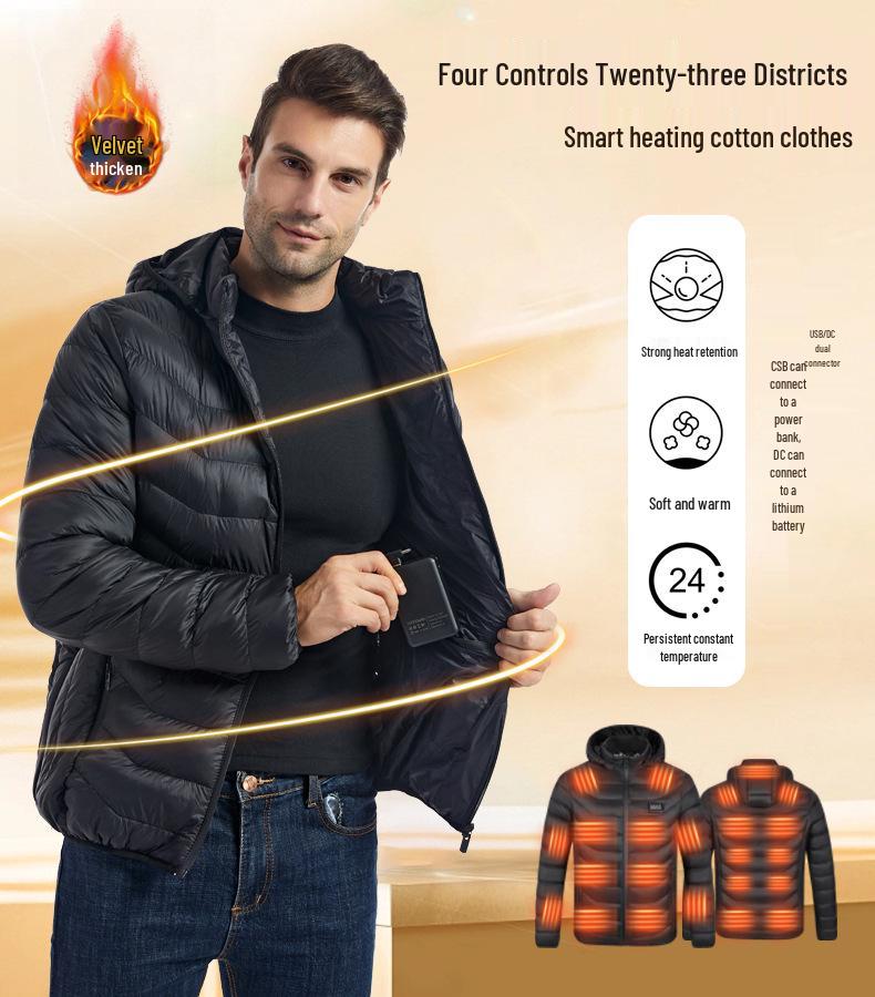 Regulowana Inteligentna Podgrzewana Bawełniana Kurtka z Kapturem - Ciepły Zimowy Płaszcz Plus Size