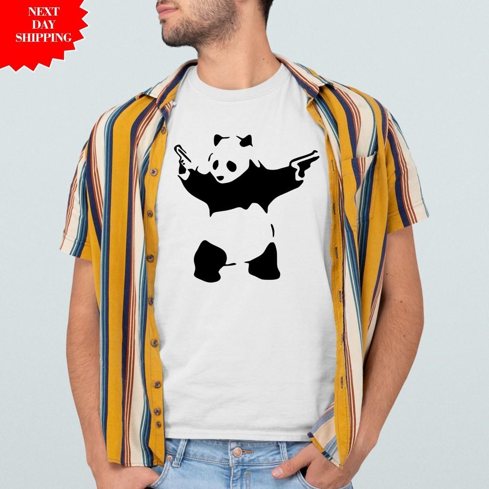 

Banksy Panda With Pistols T Shirt Guns Graffiti Printed Urban Art Design Men Top 3XL
