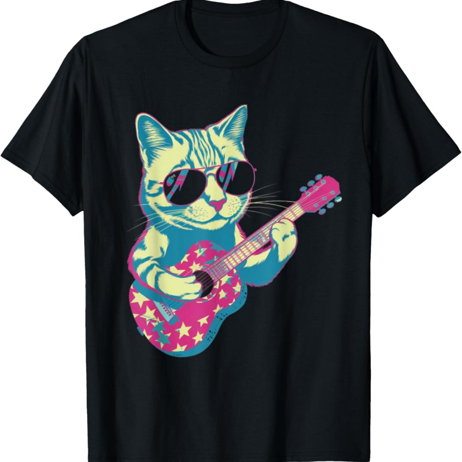 Смешная кошка-музыкант, кошка-гитарист, кошка с гитарой, кошачий мем, футболка(1) S