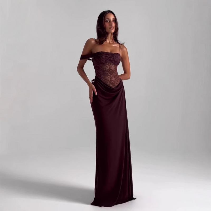 2025 Off-Shoulder Lace Strapless High-Waist Hollow Long Solid Dress