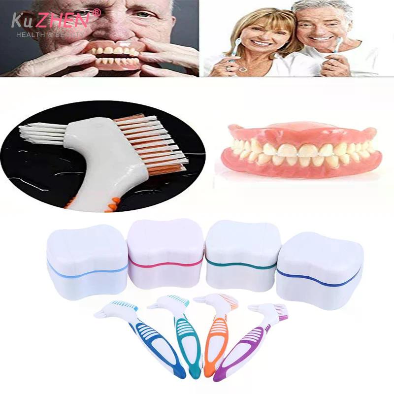 2Pcs Travel Denture Cleaning Tooth Brush With Soaking Storage Box Dentures Container For Teeth Oral Care
