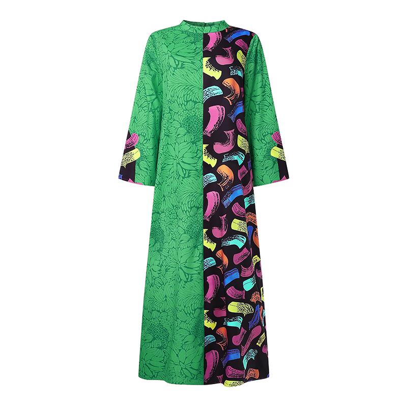 Übergroßes Damen Langarm Print Patchwork Lässiges Lockeres Maxi Kaftan Kleid