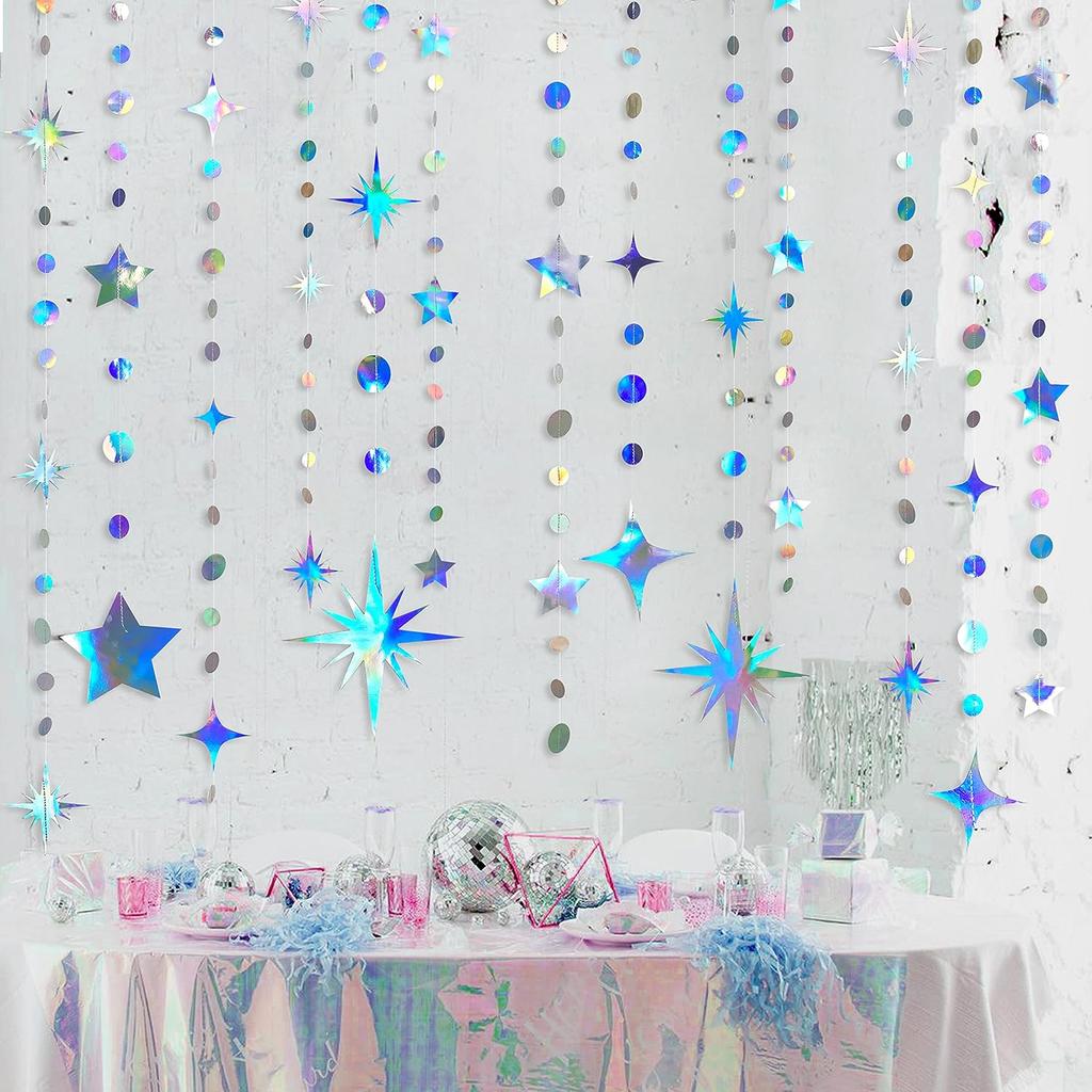 Iridescent Party Decorations Star Circle Dot Paper Garland Banner Bunting Streamer Metallic Hanging Twinkle Star Decoration for Kids Birthday Baby