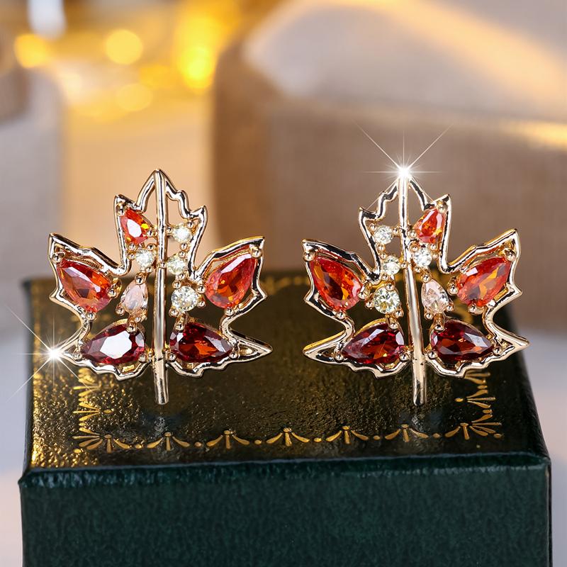 

Модные серьги-гвоздики с красным кленовым листом для женщин, винтажные серьги с кристаллами и листьями, аксессуары для темперамента золотой