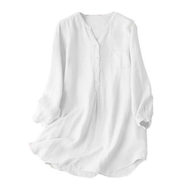 Casual Style Women Shirt Long Sleeve Loose Fit V Neck Button Placket Solid Color Mid Length 3XL белый