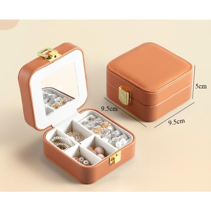 Mini Travel Jewelry Box Pu Leather Premium Sense Built-in Mirror Necklace Ring Earrings Portable Jewelry Box Organizer