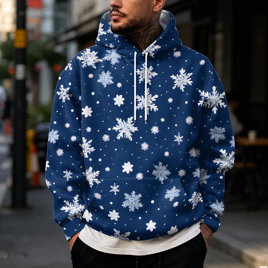 Men's Christmas Print Hoodie with Large Pockets, Casual Loose Fit Pullover for Holiday