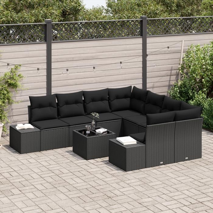 VidaXL Ensemble de canapés de jardin 9 pièces avec coussins Noir Rotin synthétique 3355672