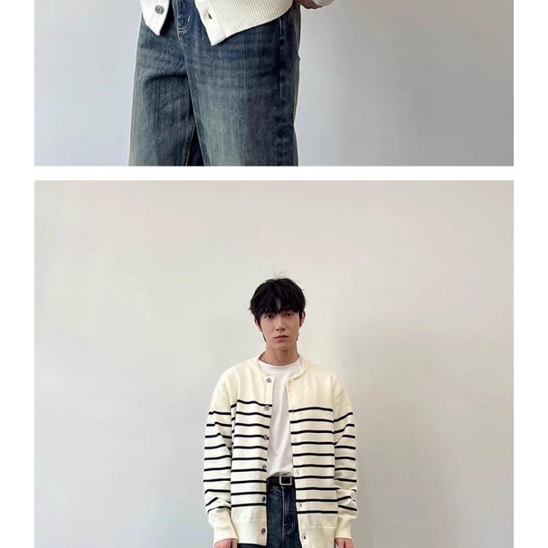 Nowy prążkowany kardigan sweter dzianinowy na wiosnę i jesień, męski i damski, z okrągłym dekoltem, w stylu lekkiego luksusu, swobodny