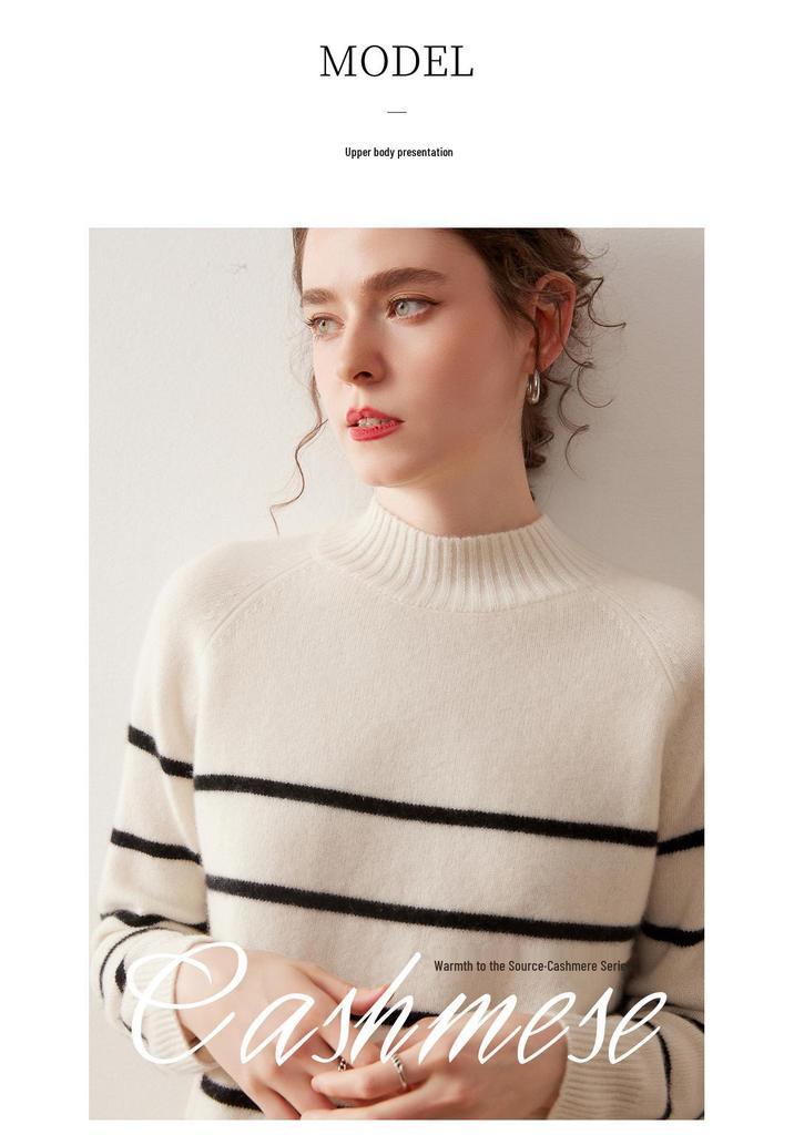 High-Neck Retro Black & White Striped Cashmere Sweater – Women's Long Sleeve Pullover for Autumn & Winter