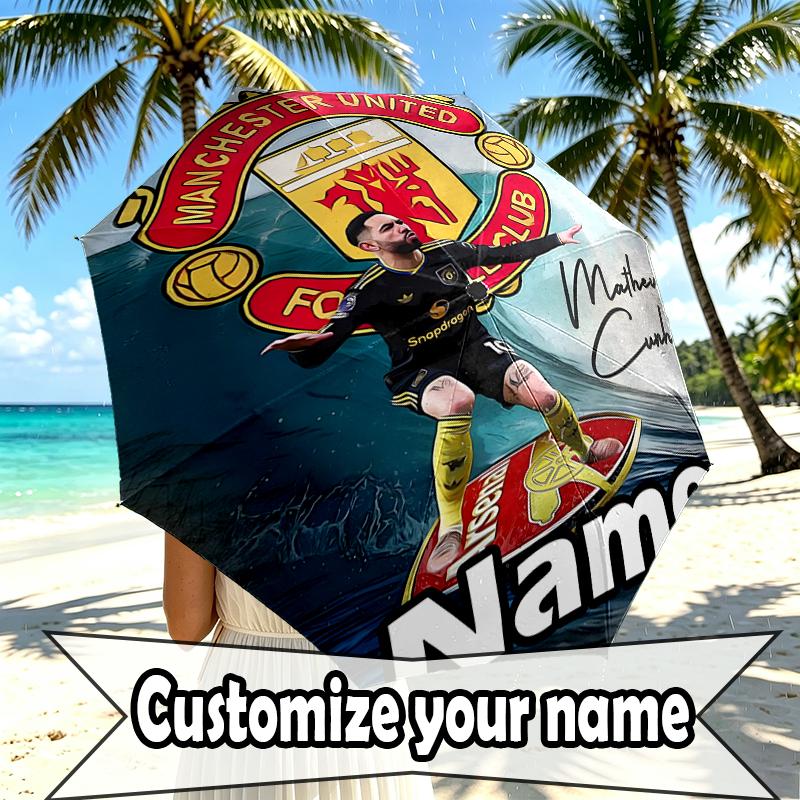 Custom Name Personalized Manchester Football F.C Print Umbrella, Auto Open Close, 8‑Rib Sturdy Frame, Commute Camping Hiking Use, Birthday Gift
