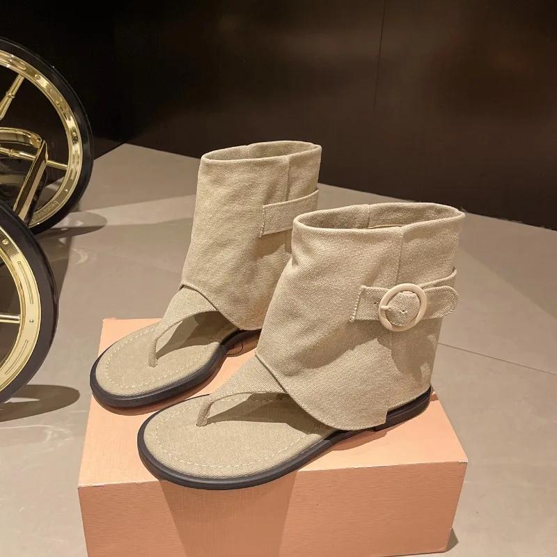 Fashion Retro Flip-toe Sandals Women 2025 Summer New French Loose Sleeve Flat Roman Shoes Fashion Short Bobbin Tube Cool Boots