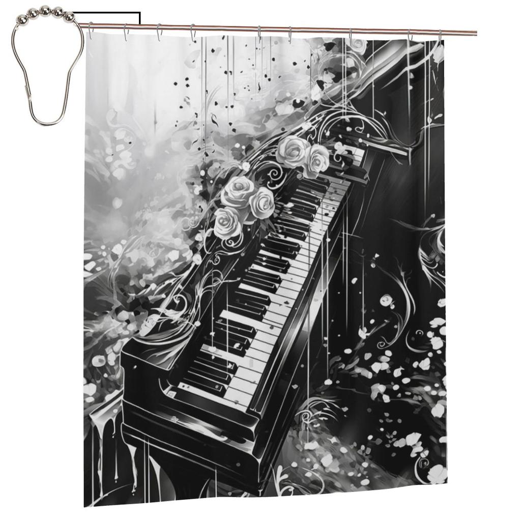Abstract Piano Keys With Musical Notes Shower Curtain Bathroom Polyester Waterproof Bath Curtains With Hooks