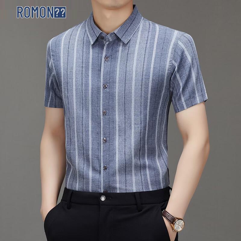 ROMON Men s Striped Linen Blend Short Sleeve Shirt M