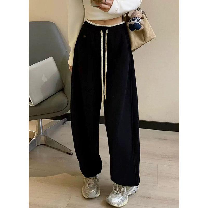 

Модные спортивные штаны с высокой талией и широкими штанинами для женщин, шикарный дизайн, контрастный цвет, спортивные брюки, осень-зима, корейские брюки на шнурке XS чёрный