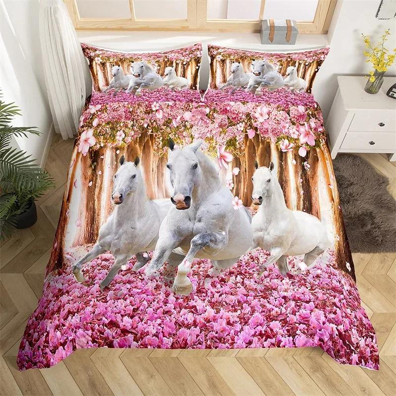 Horse Duvet Cover Butterfly Floral Comforter Cover Microfiber Western Farm Animals Bedding Set King For Kids Girls Bedroom Decor
