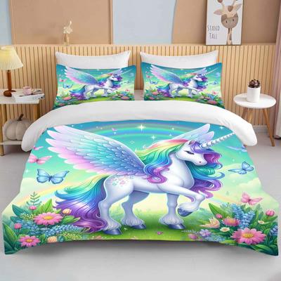 Niedliches Cartoon Einhorn Druck Bettwäsche Set Bettbezug 1 Bettbezug 2 Kissenbezüge Erwachsenen- und Kinderbettwäsche Set Luxus Geschenk für Mädchen
