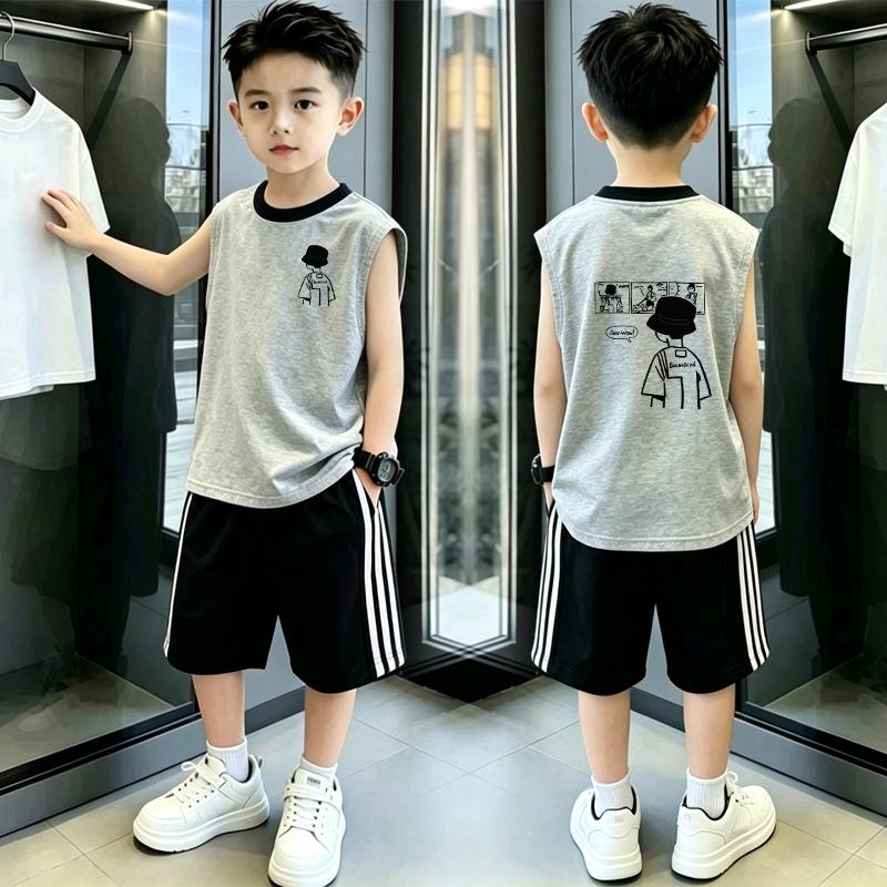 Boys' Summer Color Block Vest & Shorts Set, Ages 8-12, Trendy Three Stripes Design