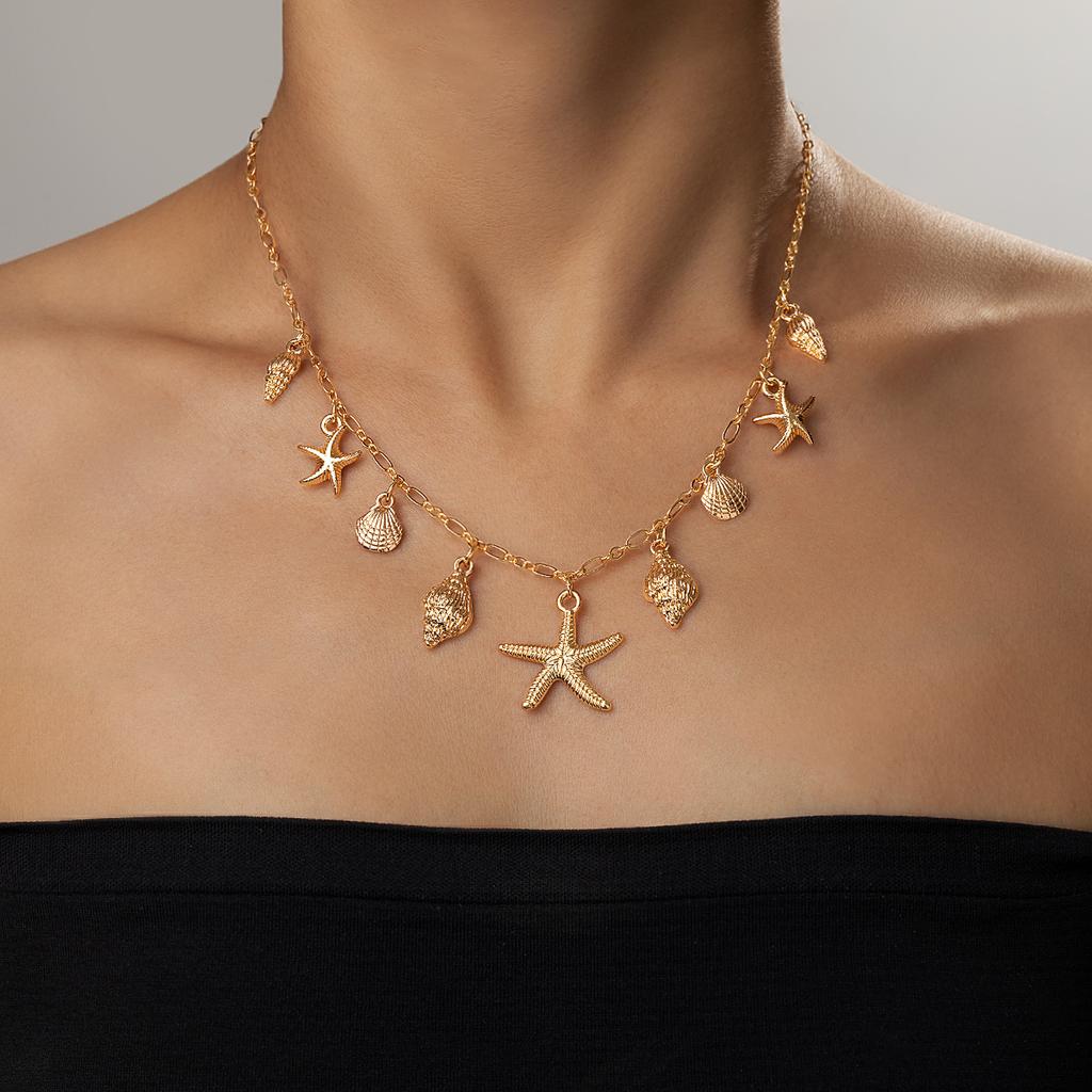 Ozean Serie Emaille Anhänger Halskette Damen Seestern Muschel Blume Halskette Retro Meeresküste Strand Urlaub Tägliche Schmuck Accessoires