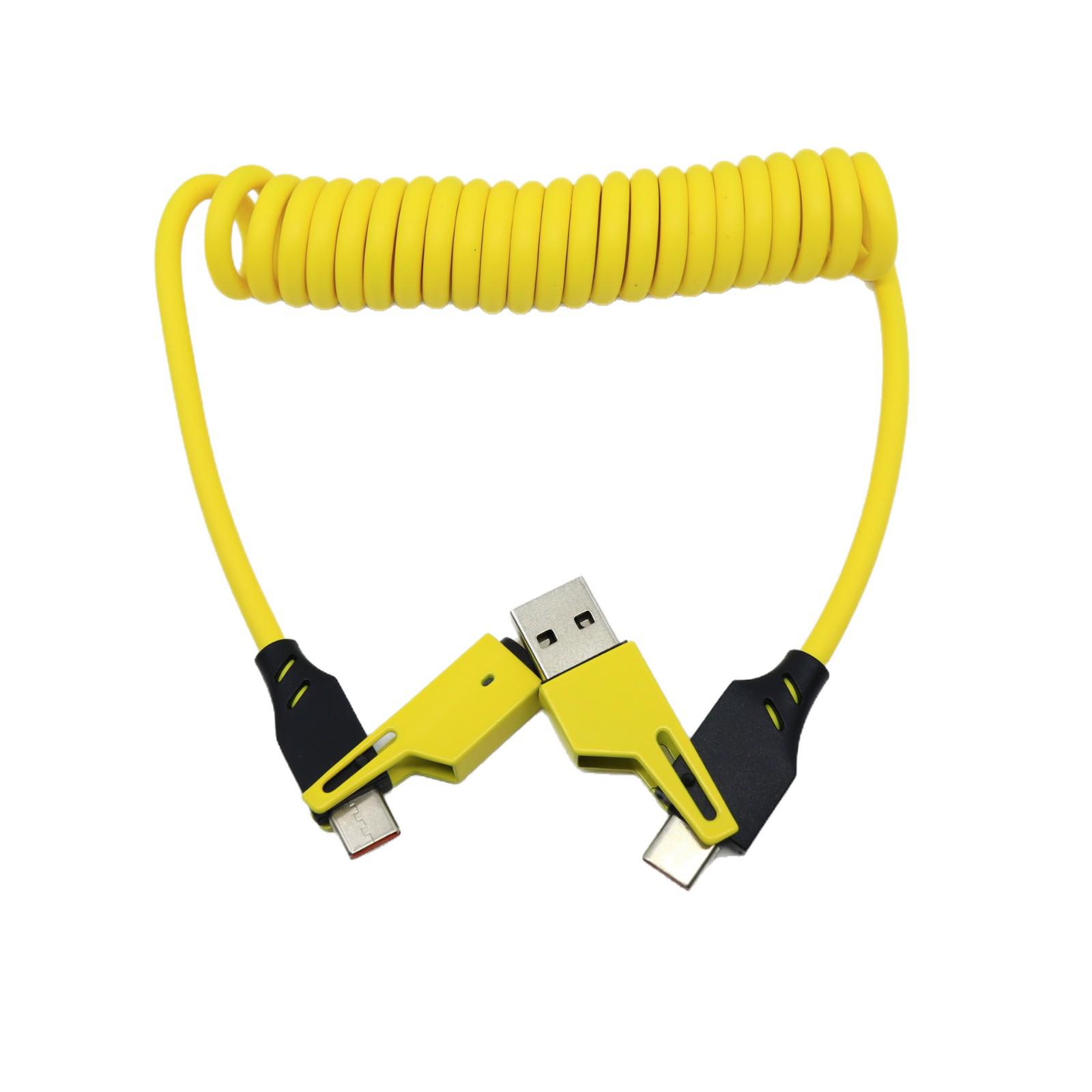 65W Retractable 4-in-1 Spring Data Cable for Apple, Huawei, Type-C Fast Charging