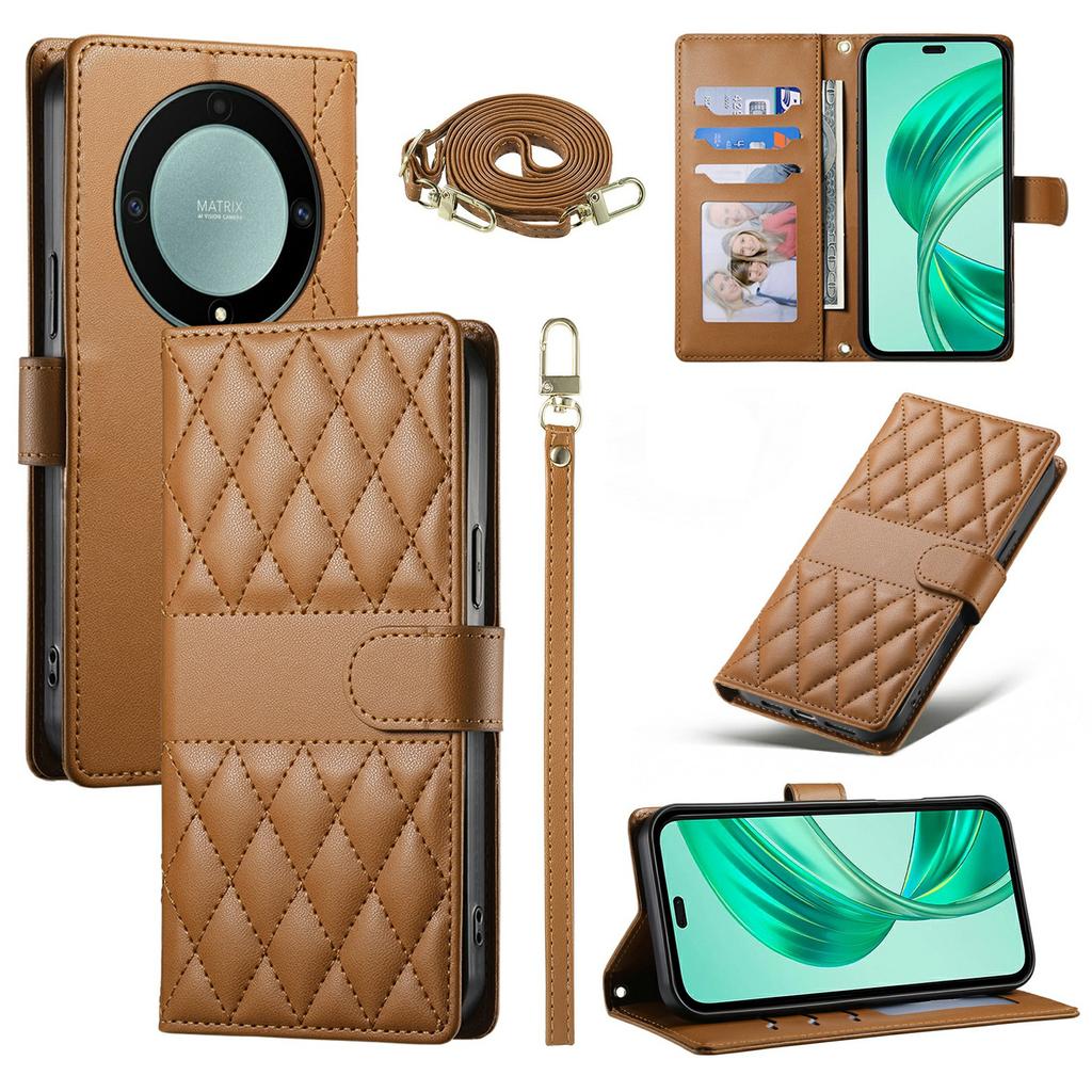 Wallet Case for Honor Magic8 Lite 5G/X70 5G/X9d 5G Rhombus Stitching Stand Leather Phone Cover with Long/Short Strap
