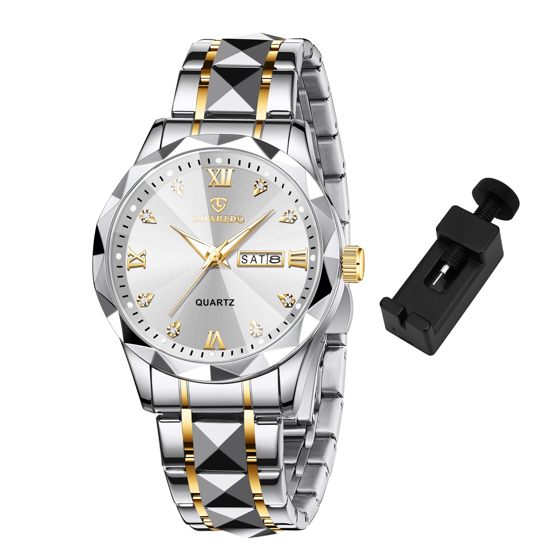 

L LAVAREDO Men s Stainless Steel Analog Quartz Watch, Fashionable, Casual, Business, Waterproof, Date Display, Silver Blue-Black