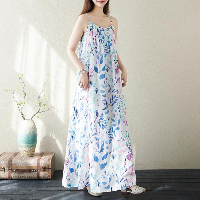 

Длинное платье с лямкой на бретельках с цветочным принтом, летнее богемное морское праздничное пляжное платье из хлопка и льна, длинная юбка большого размера One Size светло-синий