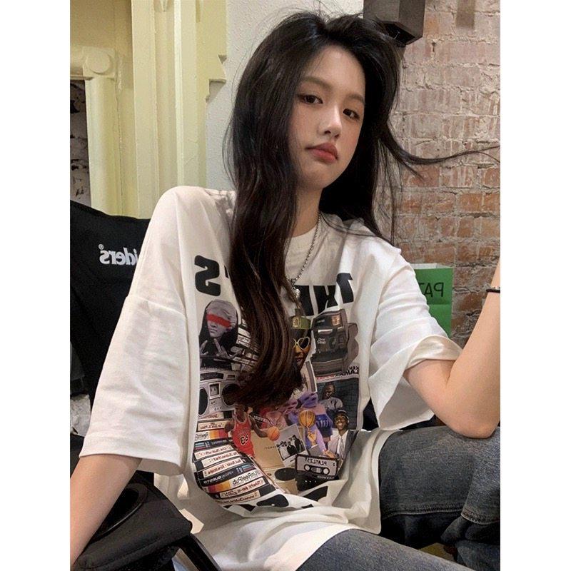 American Retro Trendy Plus Size Women's Pure Cotton Short Sleeve Summer Mid-length Casual Top