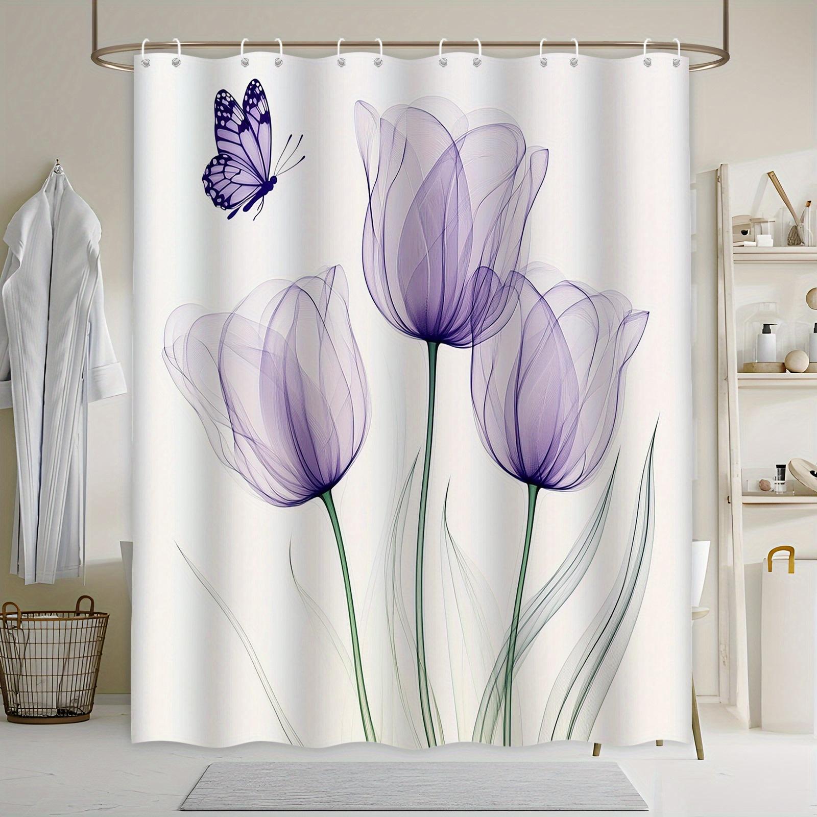Ethereal Lavender Tulip Shower Curtain - Butterfly Design, Semi-Transparent Petals, Green Stems,  Machine Washable W90xH180cm