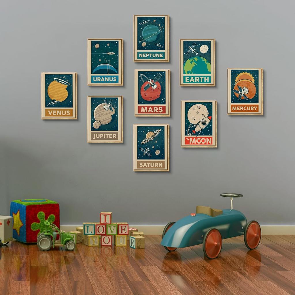 9pcs Retro Solar System Wall Art Nursery Space Pictures Retrospace Galaxy Wall Decor Outer Space Paintings Prints Sci-Fi Planet Posters for Boys